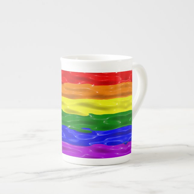 SlipperyJoe's liquid gloss pride flag red orange y Bone China Mug (Front Right)