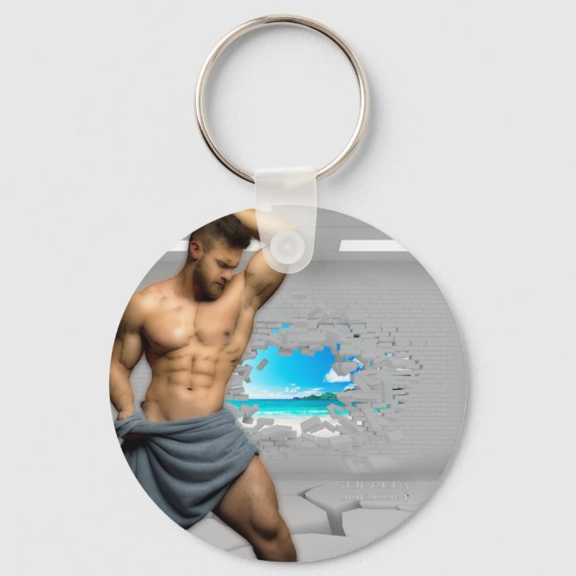 SlipperyJoe's Man in a towel white room muscles cr Key Ring (Front)