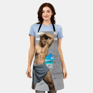 SlipperyJoe's Man towel broken white brick wall ba Apron
