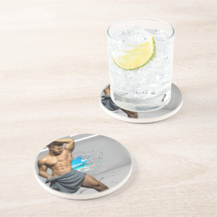 SlipperyJoe's Man towel broken white brick wall ba Coaster