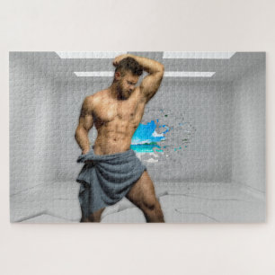 SlipperyJoe's Man towel broken white brick wall ba Jigsaw Puzzle