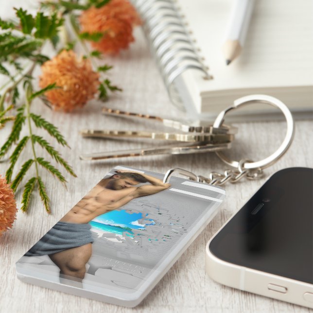 SlipperyJoe's Man towel broken white brick wall ba Key Ring (Front Right)