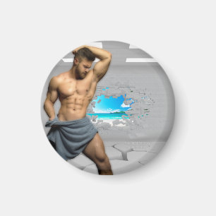 SlipperyJoe's Man towel broken white brick wall ba Magnet