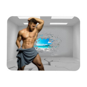 SlipperyJoe's Man towel broken white brick wall ba Magnet