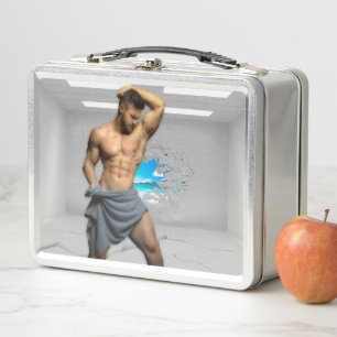 SlipperyJoe's Man towel broken white brick wall ba Metal Lunch Box