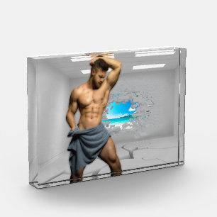 SlipperyJoe's Man towel broken white brick wall ba Photo Block