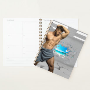 SlipperyJoe's Man towel broken white brick wall ba Planner