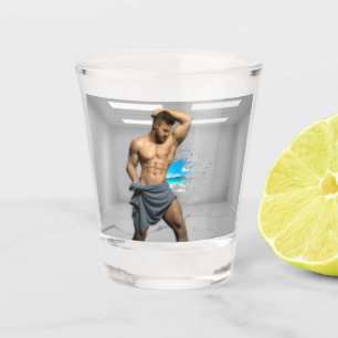 SlipperyJoe's Man towel broken white brick wall ba Shot Glass