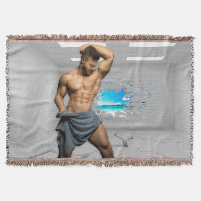 SlipperyJoe's Man towel broken white brick wall ba Throw Blanket (Front)