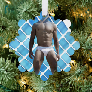 SlipperyJoe's Man underwear 6-pack chest abs male Tree Decoration Card