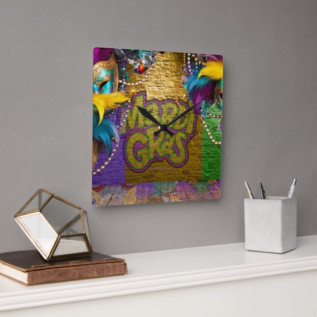 SlipperyJoe's Mardi Gras Bead Necklaces doubloons  Square Wall Clock (Office)