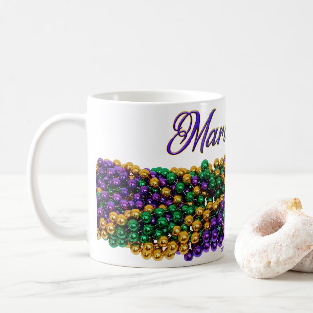 SlipperyJoe's Mardi Gras Bead Necklaces purple gol Coffee Mug (With Donut)