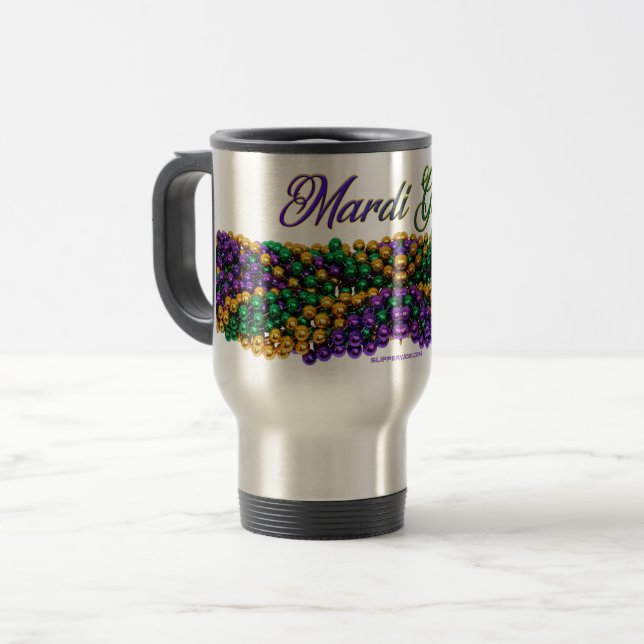 SlipperyJoe's Mardi Gras Bead Necklaces purple gol Travel Mug (Front Left)