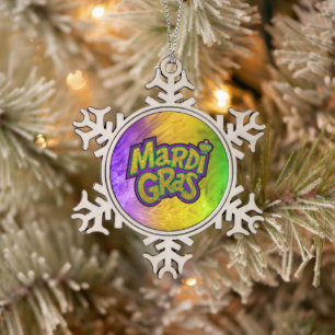 SlipperyJoe's Mardi Gras festival purple green yel Snowflake Pewter Christmas Ornament