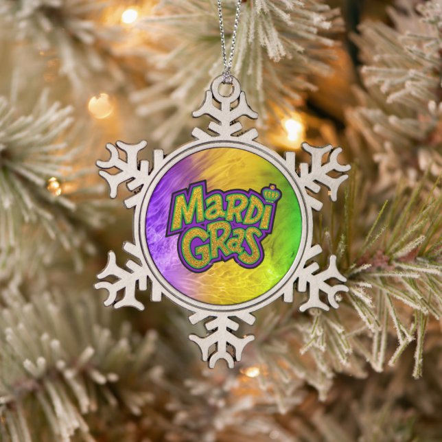SlipperyJoe's Mardi Gras festival purple green yel Snowflake Pewter Christmas Ornament (Tree)