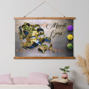 SlipperyJoe's Mardi Gras Mask purple gold green bl Hanging Tapestry