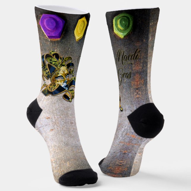 SlipperyJoe's Mardi Gras Mask purple gold green bl Socks (Angled)