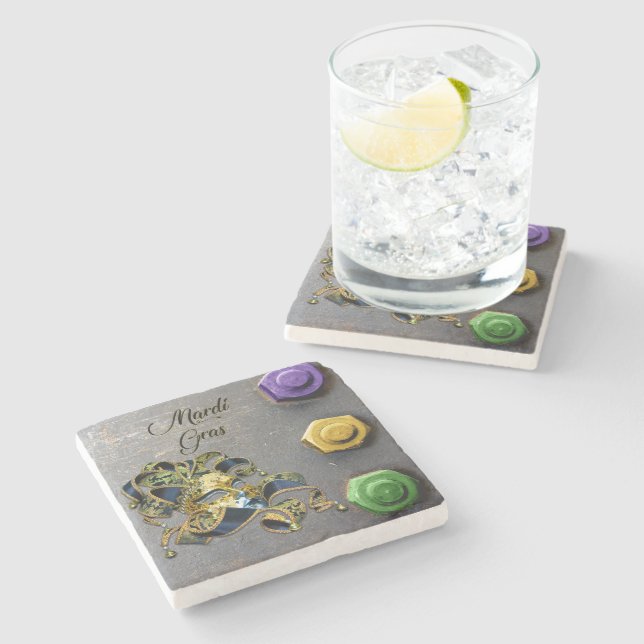 SlipperyJoe's Mardi Gras Mask purple gold green bl Stone Coaster (Side)