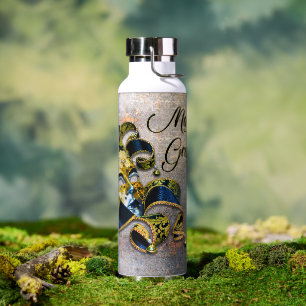 SlipperyJoe's Mardi Gras Mask purple gold green bl Water Bottle