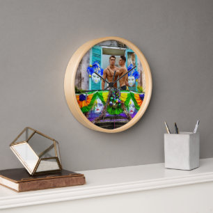 SlipperyJoe's Mardi Gras Men purple gold green bal Clock