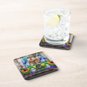 SlipperyJoe's Mardi Gras Men purple gold green bal Coaster
