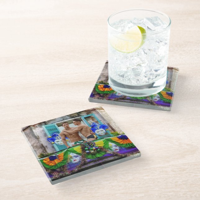 SlipperyJoe's Mardi Gras Men purple gold green bal Glass Coaster (Angled)