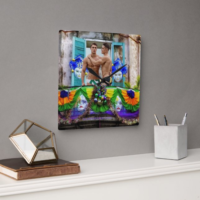 SlipperyJoe's Mardi Gras Men purple gold green bal Square Wall Clock (Office)