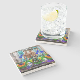 SlipperyJoe's Mardi Gras Men purple gold green bal Stone Coaster