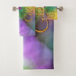 SlipperyJoe's Mardi Gras purple gold green fleur-d Bath Towel Set