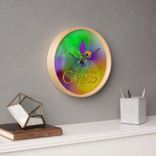 SlipperyJoe's Mardi Gras purple gold green fleur-d Clock