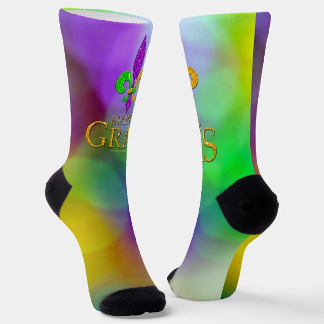 SlipperyJoe's Mardi Gras purple gold green fleur-d Socks (Angled)