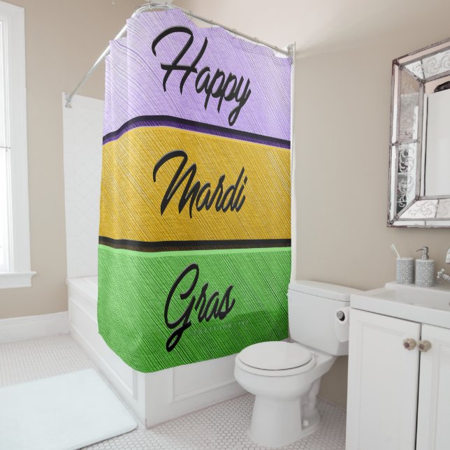 SlipperyJoe's Mardi Gras purple gold green metal s Shower Curtain (In Situ)