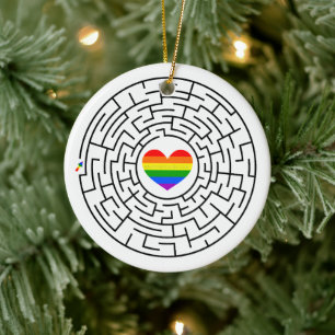 SlipperyJoe's maze encircles rainbow heart arrow m Ceramic Tree Decoration