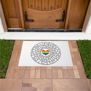 SlipperyJoe's maze encircles rainbow heart arrow m Doormat