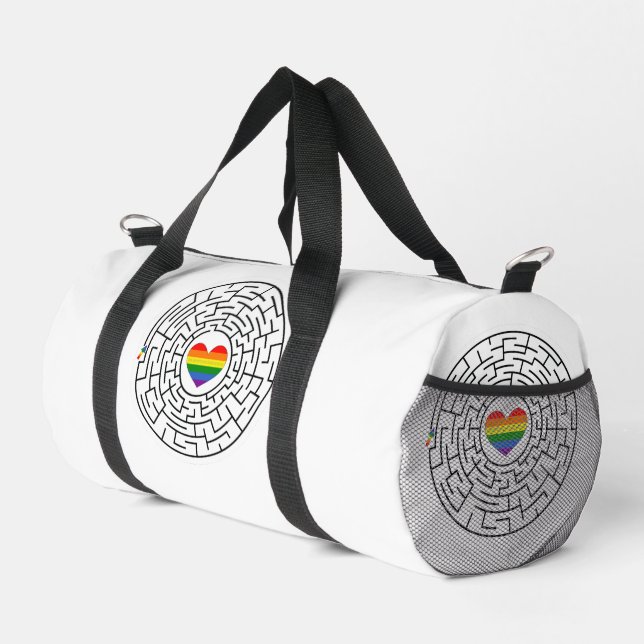 SlipperyJoe's maze encircles rainbow heart arrow m Duffle Bag (Right Corner)