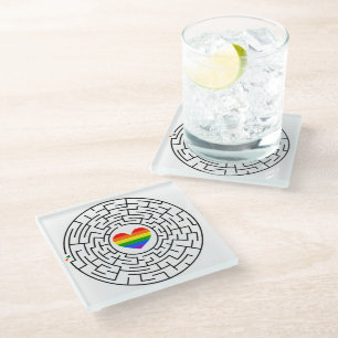 SlipperyJoe's maze encircles rainbow heart arrow m Glass Coaster