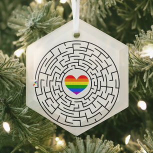 SlipperyJoe's maze encircles rainbow heart arrow m Glass Tree Decoration