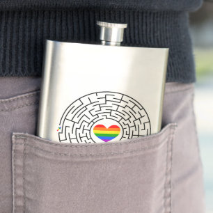 SlipperyJoe's maze encircles rainbow heart arrow m Hip Flask