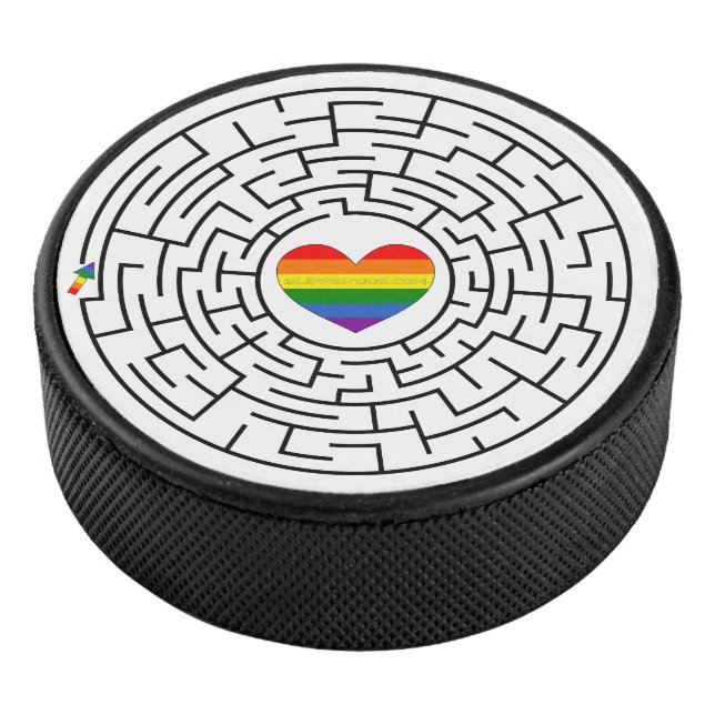 SlipperyJoe's maze encircles rainbow heart arrow m Hockey Puck (3/4)