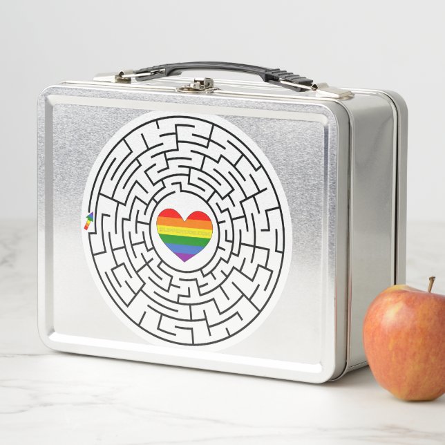 SlipperyJoe's maze encircles rainbow heart arrow m Metal Lunch Box (In Situ)