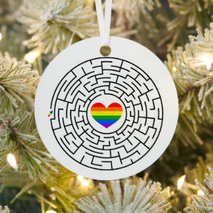 SlipperyJoe's maze encircles rainbow heart arrow m Metal Tree Decoration