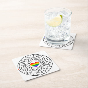 SlipperyJoe's maze encircles rainbow heart arrow m Square Paper Coaster