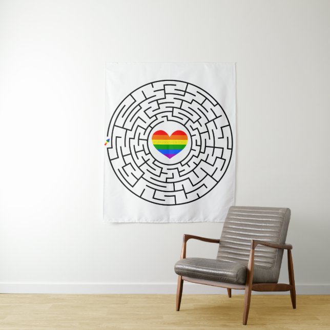 SlipperyJoe's maze encircles rainbow heart arrow m Tapestry (In Situ)