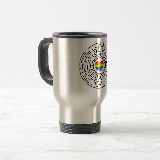 SlipperyJoe's maze encircles rainbow heart arrow m Travel Mug (Front Left)