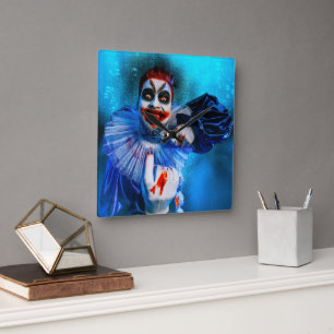 SlipperyJoe's menacing clown Happy Halloween red b Square Wall Clock