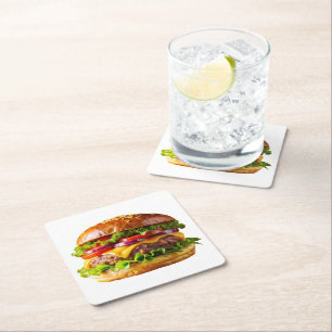 SlipperyJoe's mouthwatering stacked hamburger thic Square Paper Coaster