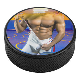 SlipperyJoe's muscular man bulge six-pack gym trai Hockey Puck