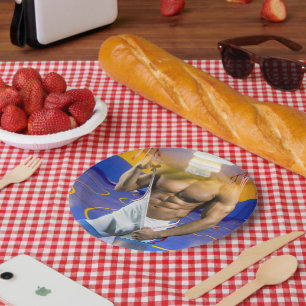 SlipperyJoe's muscular man bulge six-pack gym trai Paper Plate