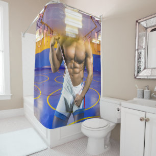 SlipperyJoe's muscular man bulge six-pack gym trai Shower Curtain