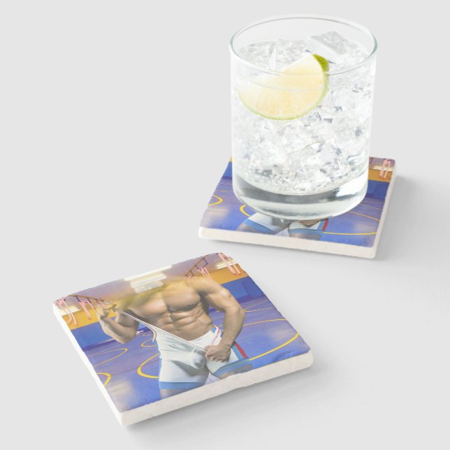 SlipperyJoe's muscular man bulge six-pack gym trai Stone Coaster (Side)